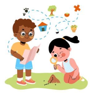 Cartoon children exploring and investigating nature outdoors for preschool science activities