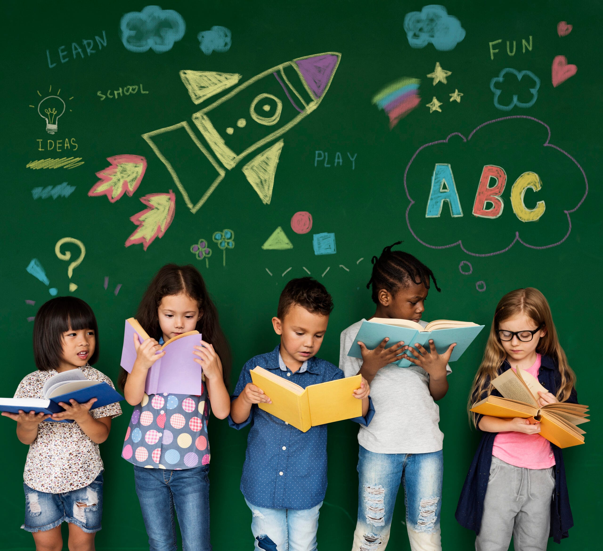 Diverse kids reading books Diverse kids reading books