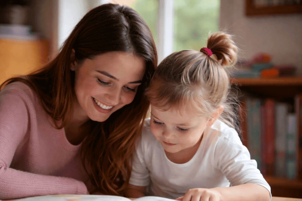 Mother and daughter sharing a joyful moment while reading a book together.