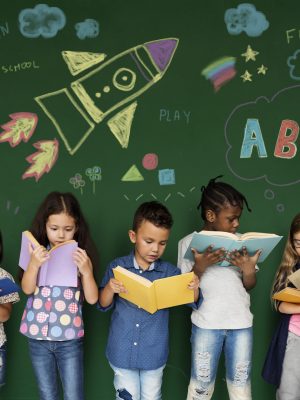 Diverse kids reading books